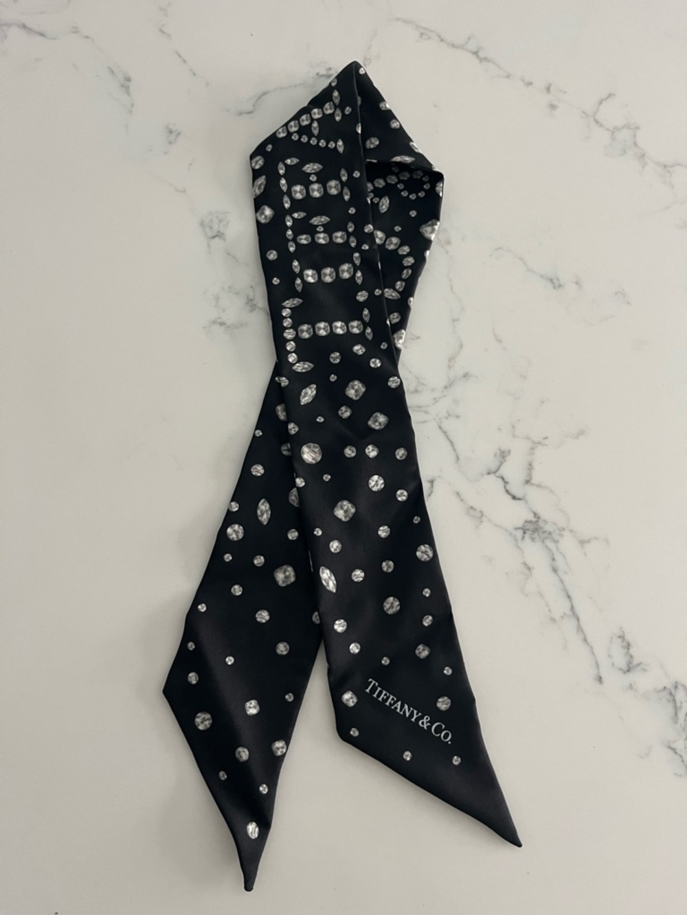 Tiffany & Co. Black Silk Twilly with Crystal Dot Print. Never worn.